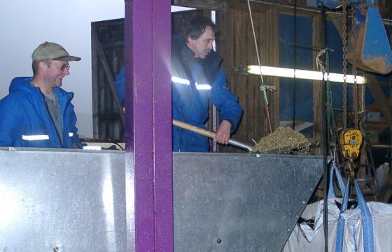 På grunn av for mye fukt måtte kornet måkes opp i storsekken, hvor den ensileres med melasse. Knut og Dagfinn ser ikke mørkt på et lite arbeidstykke, selv om de hadde foretrukket å sleppe akkurat dette.