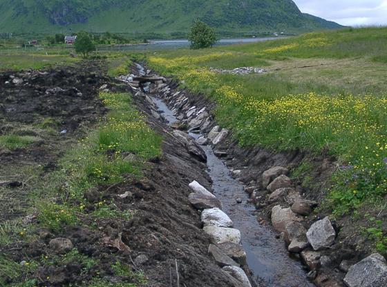 Steinsatt grøft/kanal i Indre Borgfjord som er i ferd med å rehabiliteres.